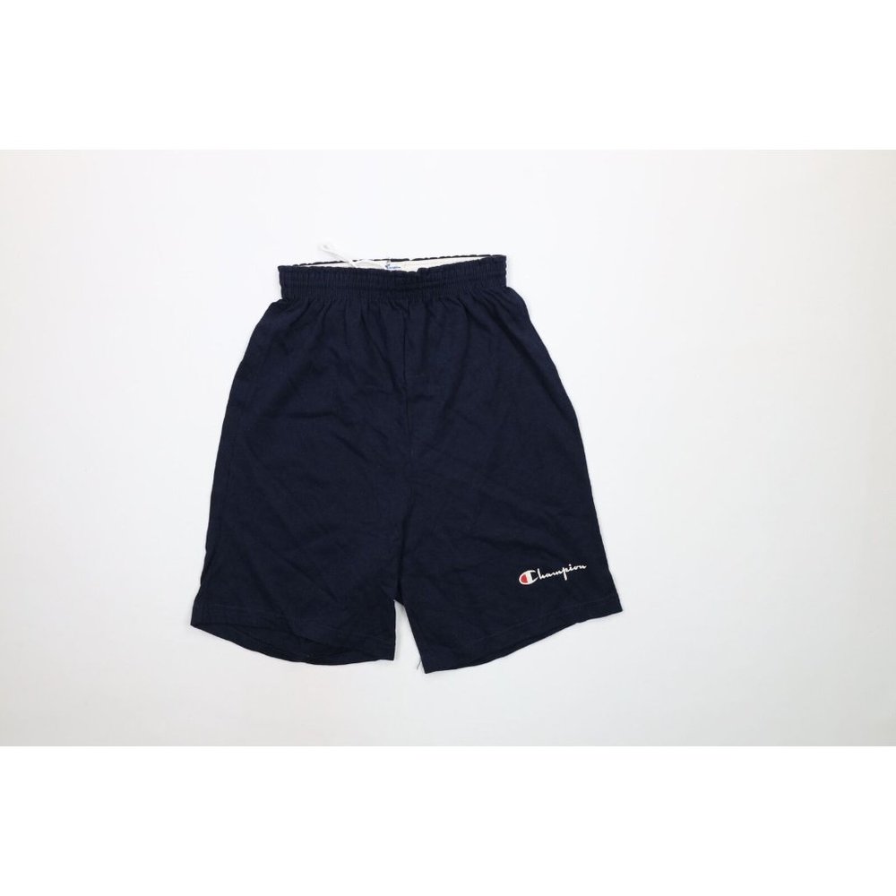 NOS Vintage 80s Champion Mens Medium Spell Out Above Knee Shorts Navy Blue USA
